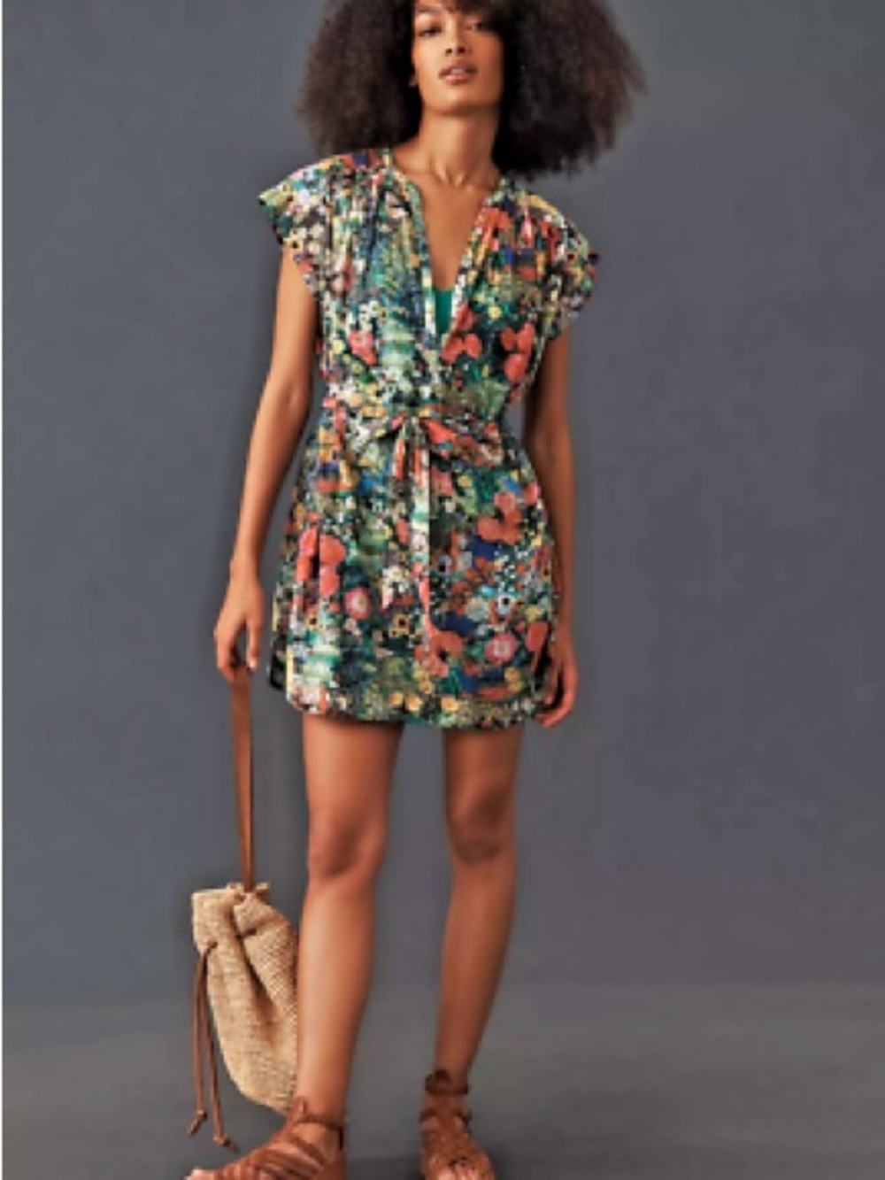 MOTHER Floral Tie-Front Mini Dress with green slip